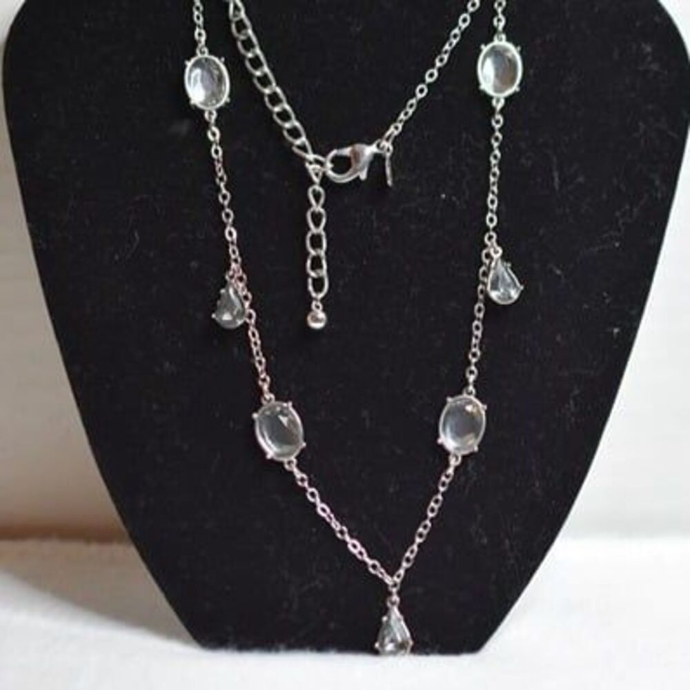 Chico's Baby Blue Crystals Art Deco Y2k Silver Tone Chain Link 40 Inch Necklace